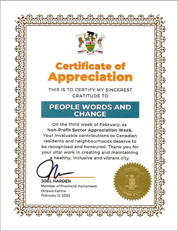 Certificate of Appreciation from Joel Harden