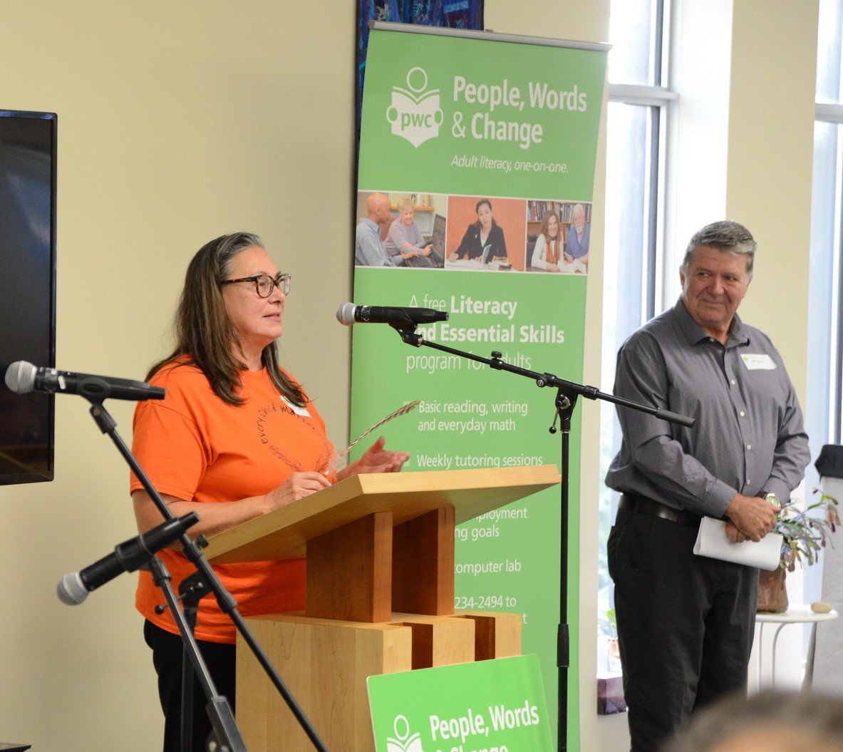 photo of land acknowledgement speaker Helene and emcee Jeff