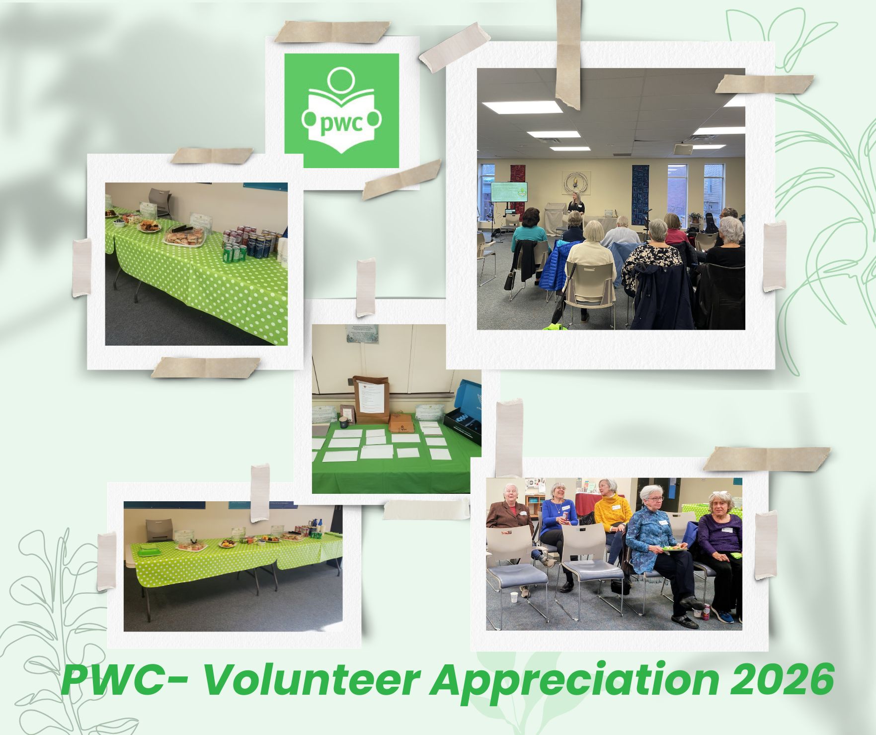 Collage of a volunteer appreciation event showing a refreshment table with snacks and drinks, attendees seated and listening to a speaker, and a display of certificates and appreciation gifts.