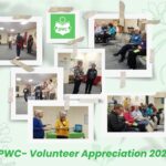 Collage showing a live improv performance and volunteers socializing, including small group conversations and audience participation at a volunteer appreciation event