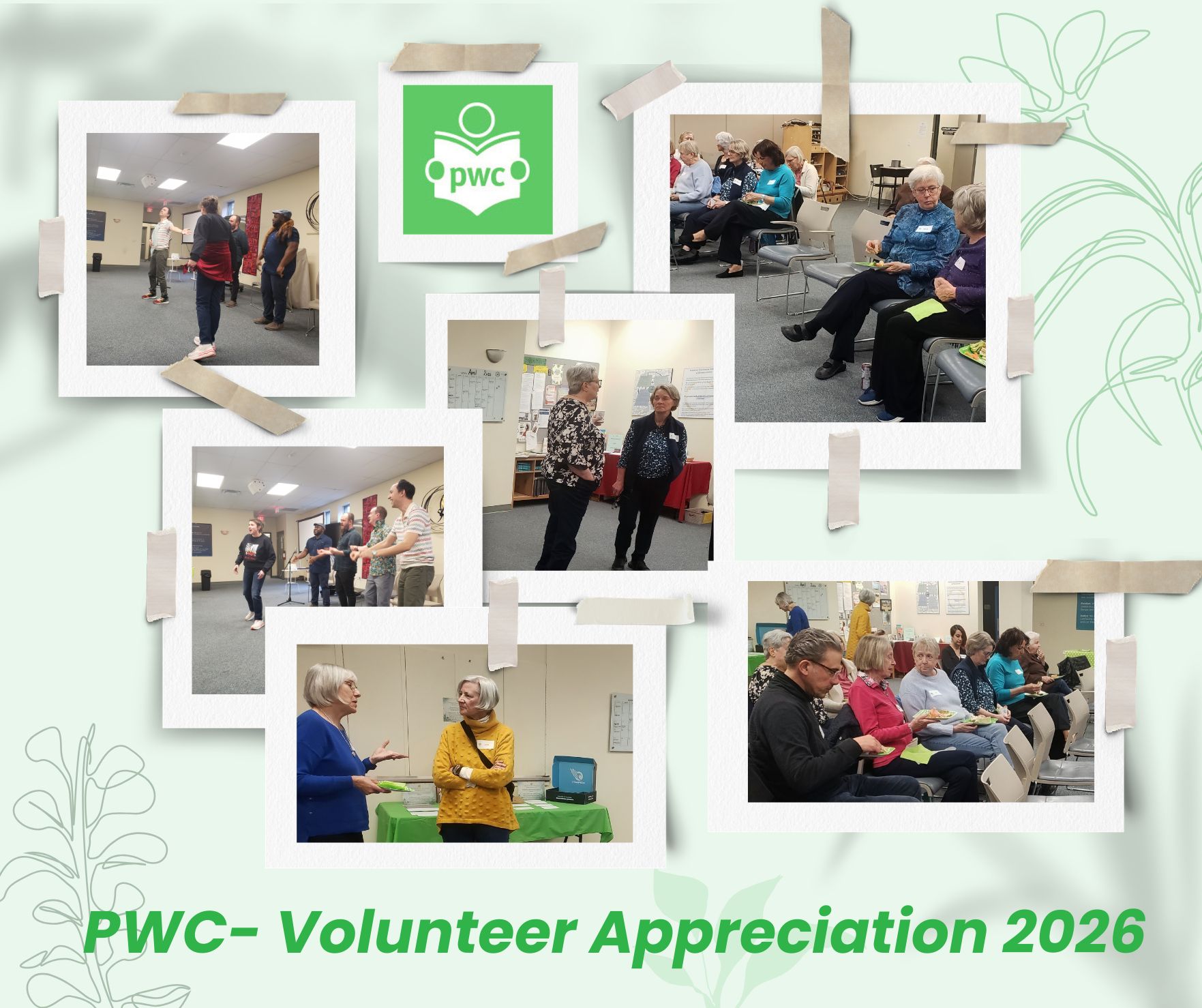 Collage showing a live improv performance and volunteers socializing, including small group conversations and audience participation at a volunteer appreciation event
