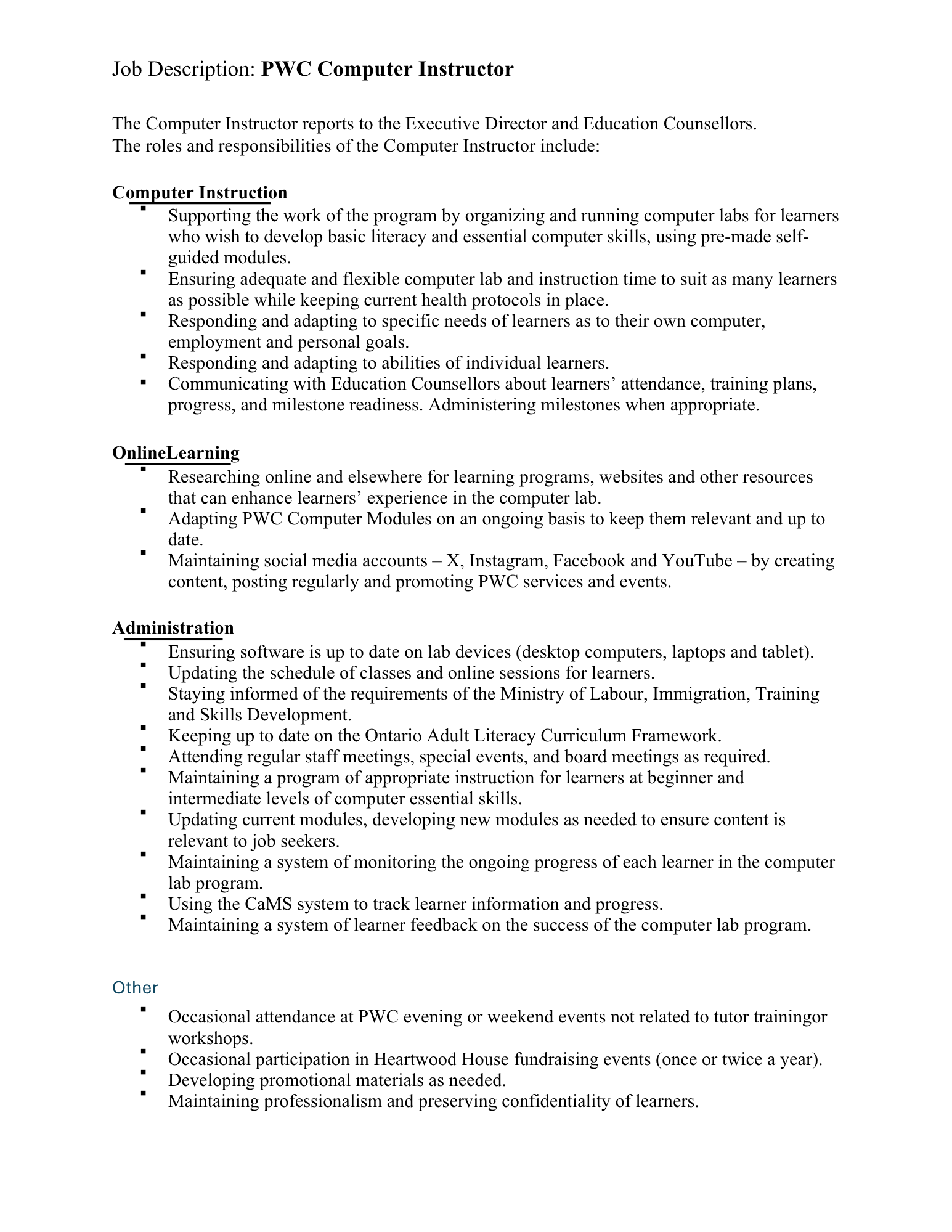 job description computer skills instructor